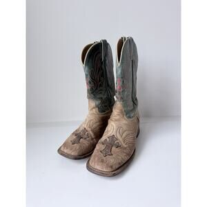 Tony Lama Men's 9 B Sealy Tan Green Square Toe Western Boots Cross 7931L